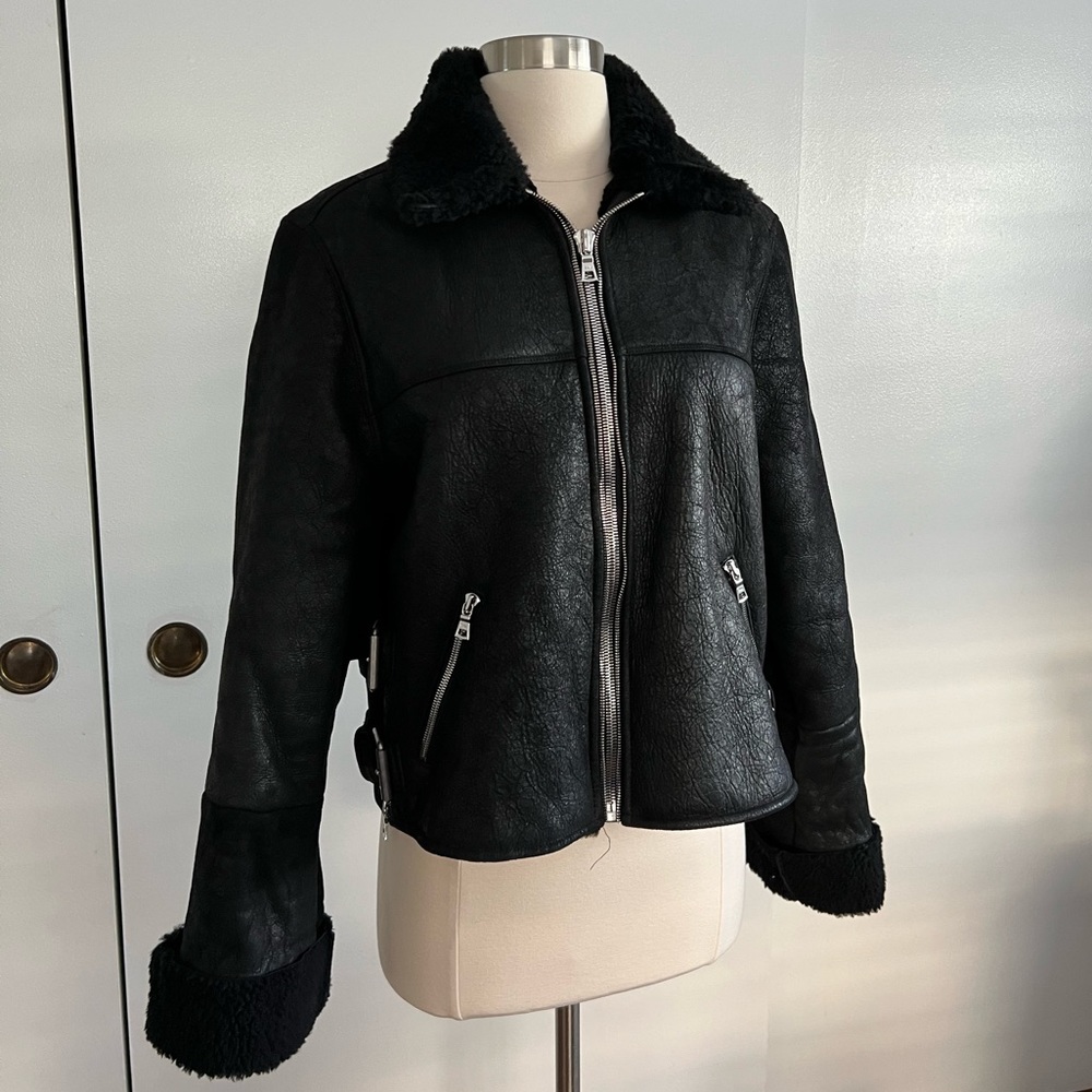 RTA Black Shearling Leather Moto Jacket
